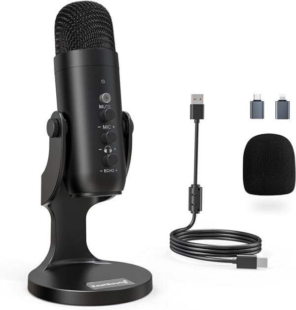 zealsound USB Mikrofon, Kondensator Mikrofon für PC Handy, PS4, PS5, Microphone PC USB C für Gaming, Podcast,Aufnahmen,Streaming,ASMR mit Stumm/Gain/Echo, Adapter für Phone,Kompatibel mit Mac, Winows